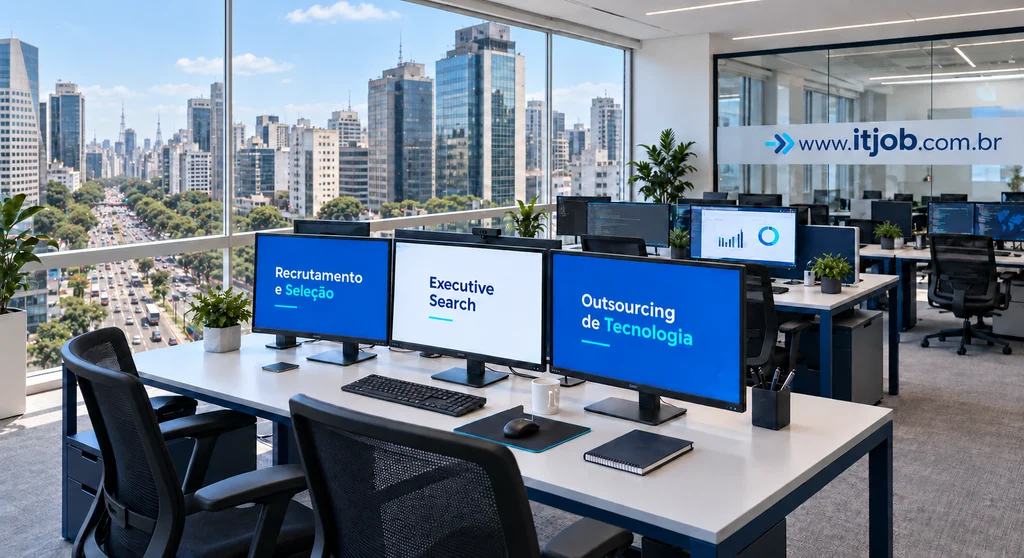 Composição visual da IT Job: ambiente de tecnologia com as áreas de Recrutamento e Seleção, Executive Search e Outsourcing.
